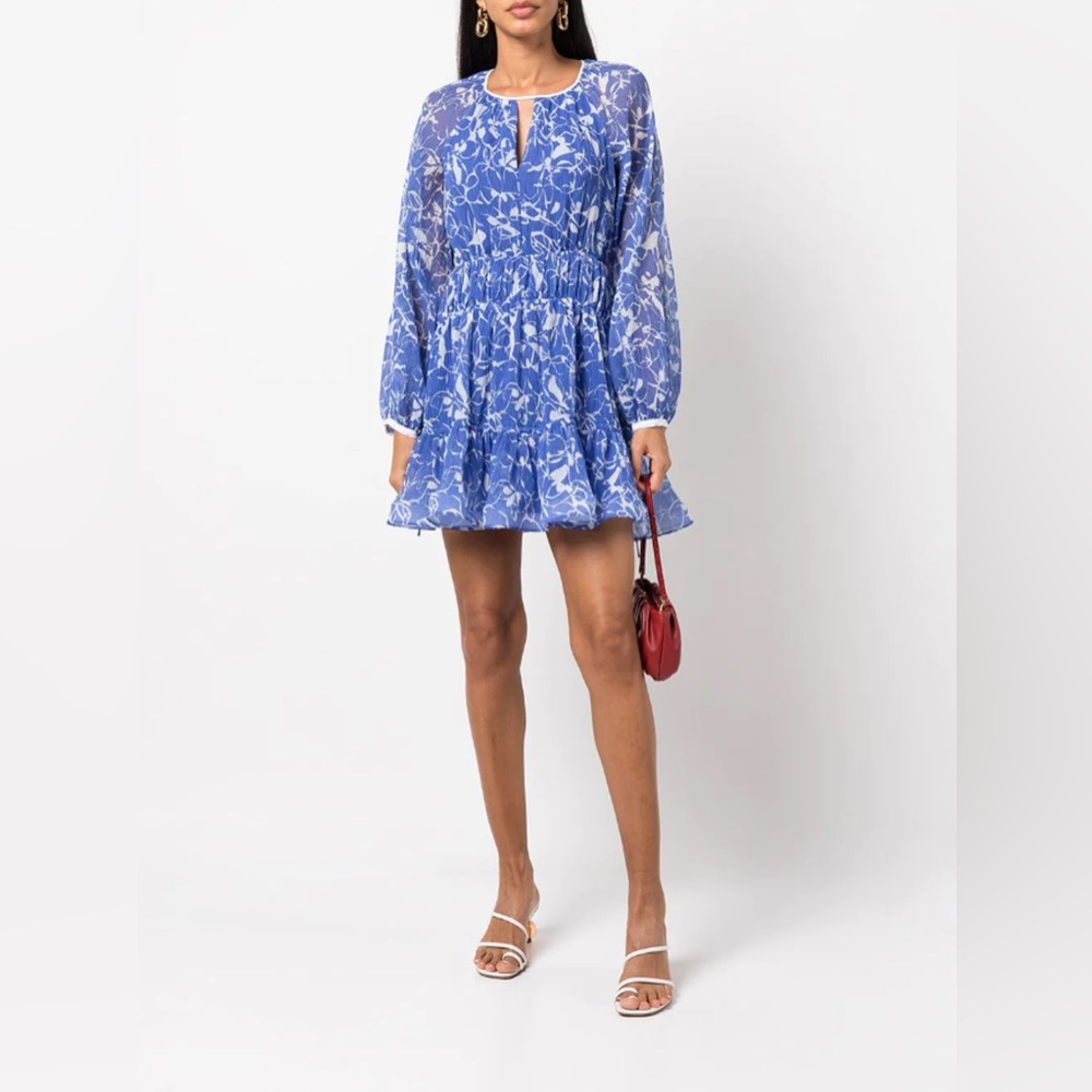 Jonathan Simkhai Blue Floral Harlow Tiered Long-Sleeve Mini Dress